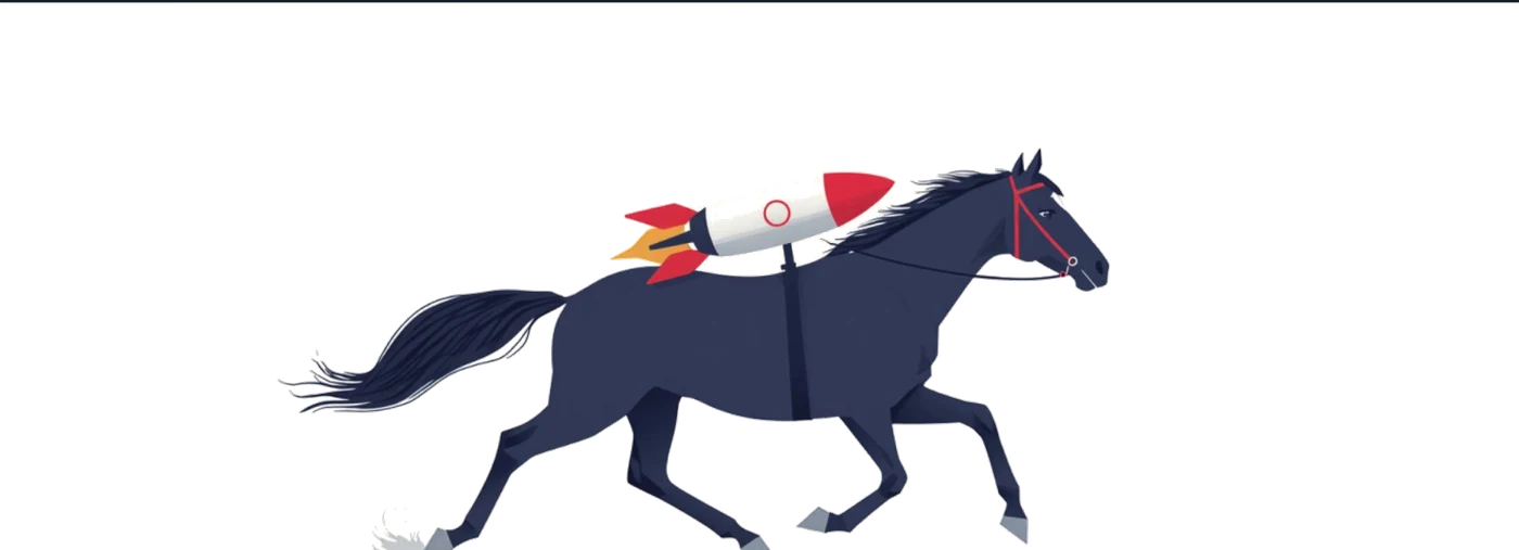 A galloping horse with a rocket strapped to its back, thrusters firing.