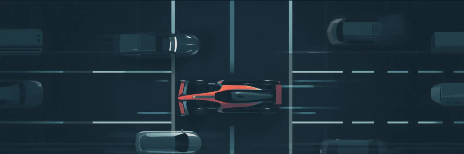 Overhead view of a Formula One car boxed in by ordinary traffic at a red light.